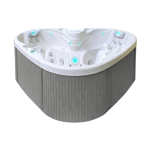 Passion Spas Heart Whirlpool mit grauer Holzverkleidung und harmonisch geformter Acrylwanne für zwei Personen