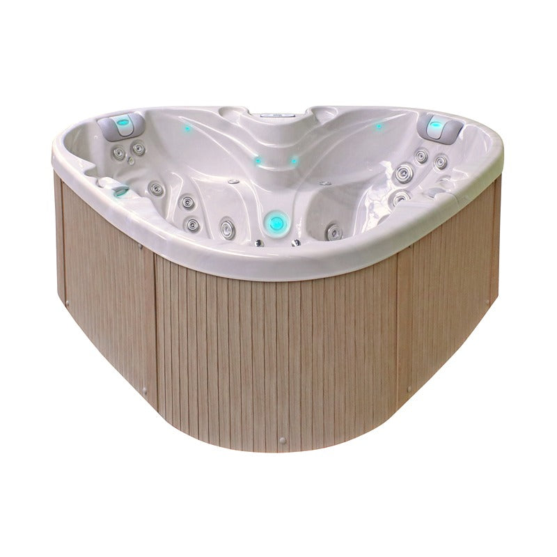 Passion Spas Heart Whirlpool in heller Holzoptik mit eleganter Herzform und integrierter LED-Beleuchtung