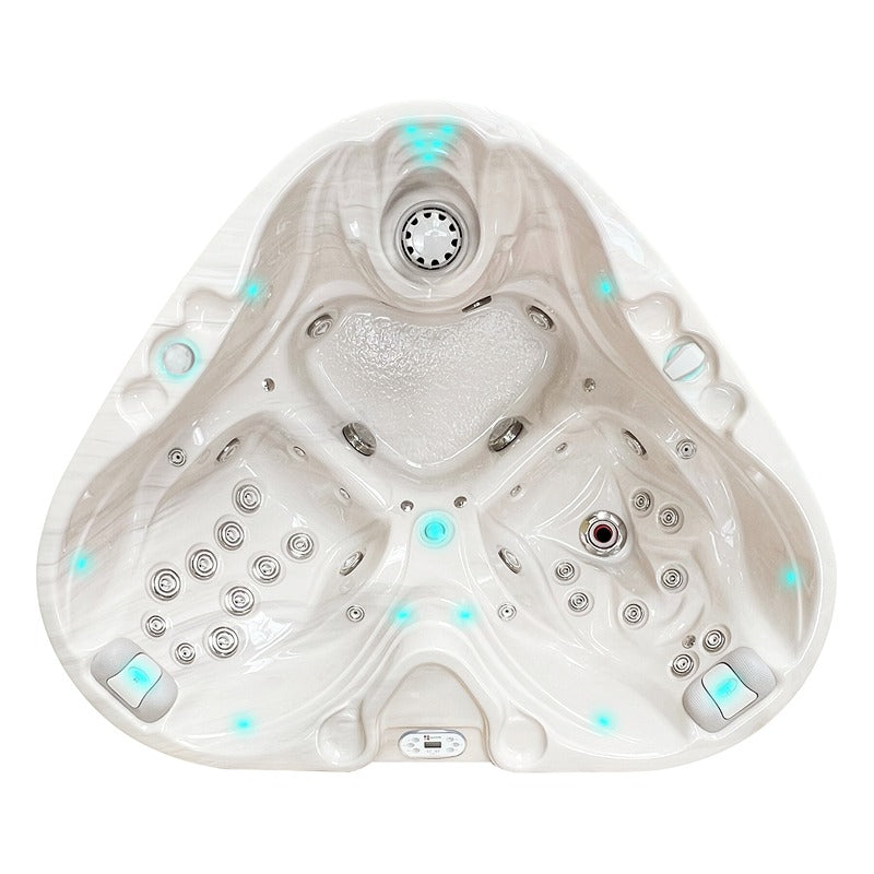 Draufsicht des Passion Spas Heart Whirlpools in Creme mit herzförmigem Fußbereich, LED-Spots und Massagedüsen