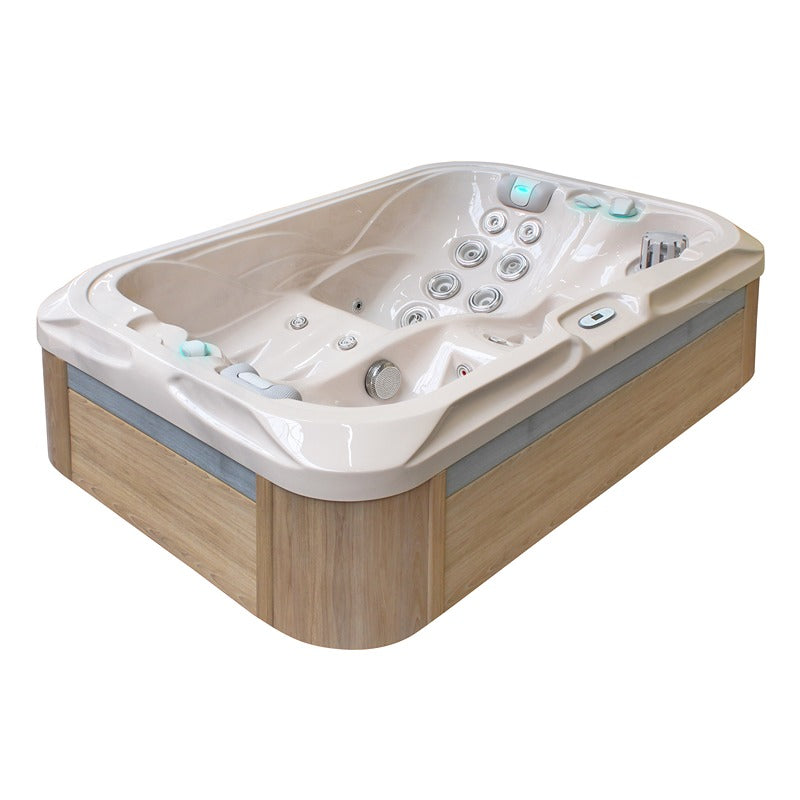 Whirlpool Spa Indulgence von Passion Spas mit cremeweißem Becken, Holzumrandung in Natur-Optik und Steuerungspanels für 2 Personen Entspannung