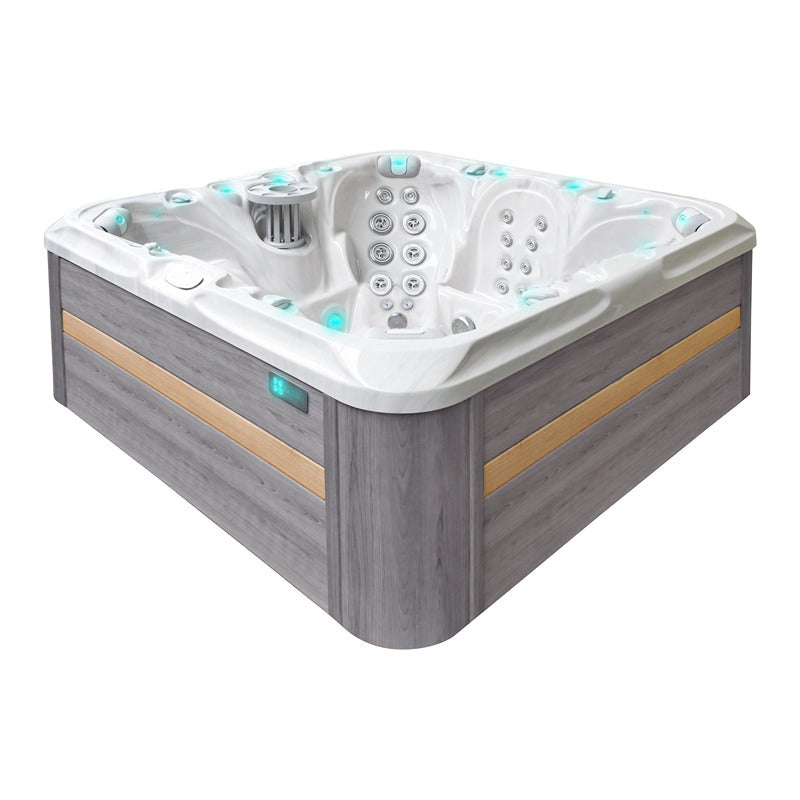 Passion Spas Joy Whirlpool in grauer Holzoptik mit stilvollem Wanneninnenraum und vielseitigen Massagedüsen