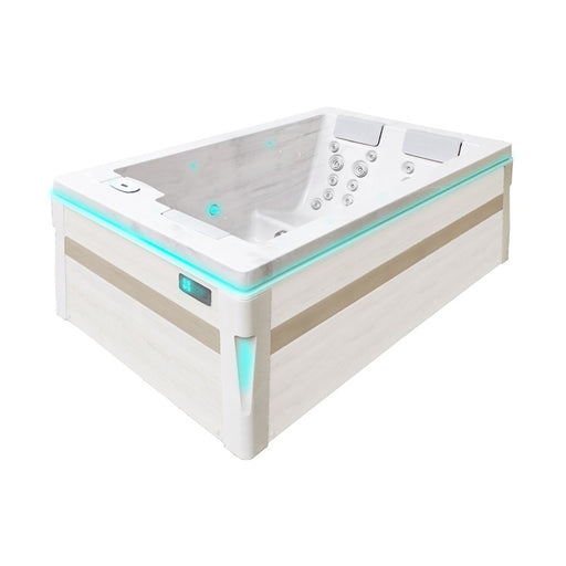 Passion Spas Serene 3 Outdoor Whirlpool Seitenansicht mit moderner grauer Holzoptik und LED-Ambientebeleuchtung