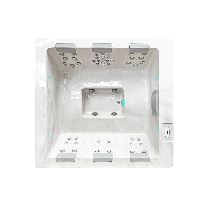 Passion Spas Serene 6 Outdoor Whirlpool Seitenansicht mit heller Holzoptik und umlaufender LED-Beleuchtung