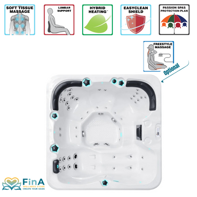 Top-Ansicht des Refresh Whirlpools mit gekennzeichneten Funktionen – Soft Tissue Massage, Hybrid Heating™ und Freestyle Massage Option