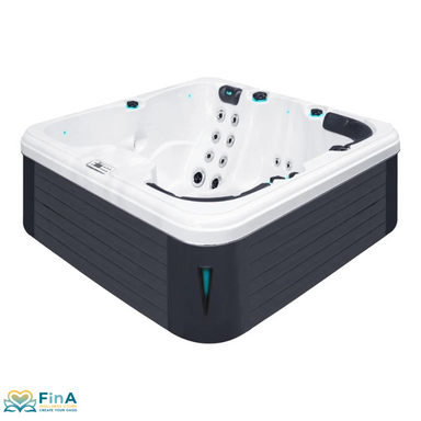 Modern gestalteter Refresh Whirlpool von Passion Spas mit LED-Eckleuchten und ergonomischen Sitzen in eleganter Acryl-Optik