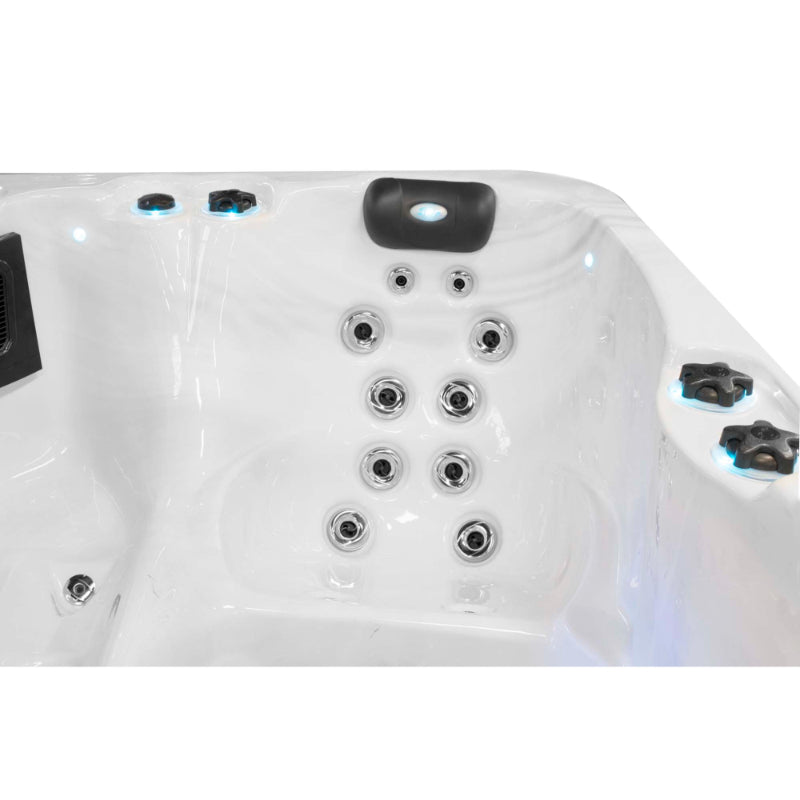 Hot tub Renew Spa filled with water - visible massage jets and comfortable reclining area