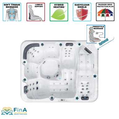  Top-Ansicht des Passion Spas Repose Whirlpools mit Funktionssymbolen für Soft Tissue Massage, Lendenstütze, Hybrid Heating™ und EasyClean Shield