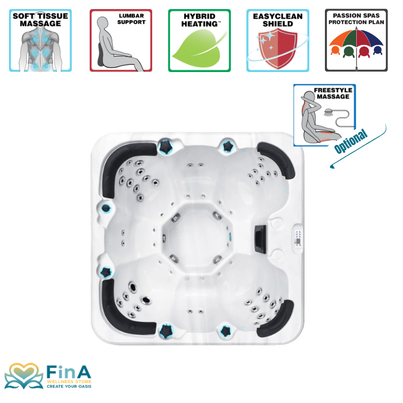 Rewind Hot tub top view with unique features - round inner structure with 56 massage jets, LED lighting and ergonomic headrests from Passion spas