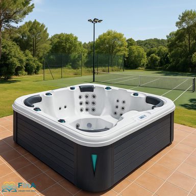 Rewind Whirlpool von Passion Spas auf Terrasse mit Blick auf Tennisplatz – luxuriöses Spa-Design mit LED-Eckleuchten in natürlicher Umgebung