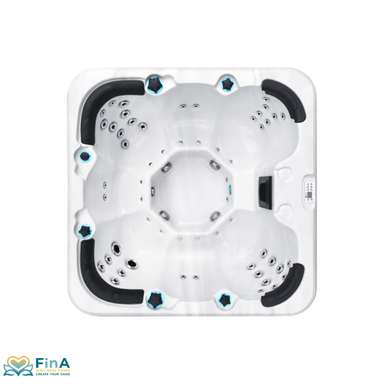  Top-Ansicht des Rewind Whirlpools mit 7 ergonomischen Sitzen, Massagezonen und Symbolen für Hybrid Heating™, EasyClean Shield und Soft Tissue Massage
