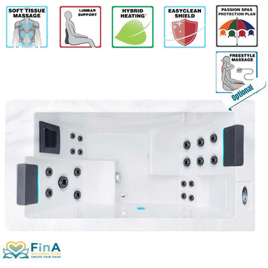 Technische Merkmale des Passion Spas Serene 2 Whirlpools – Übersicht zu Massagefunktionen, Heizsystem, EasyClean Shield und optionaler Freestyle Massage.