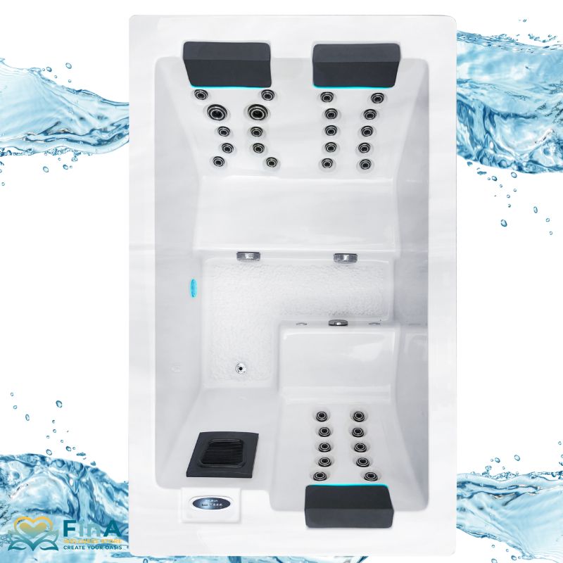 „Passion Spas Serene 5 Hot tub - Top view of the white spa model with five seats and integrated massage jets, stylishly staged with a "water background"
