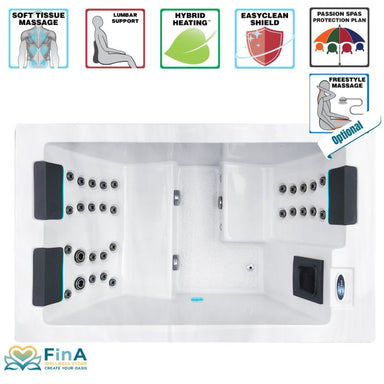  Passion Spas Serene 3 Whirlpool – Draufsicht mit Symbolen für Soft Tissue Massage, Hybrid-Heizung, Rückenstütze und optionale Freestyle-Massage-Funktion