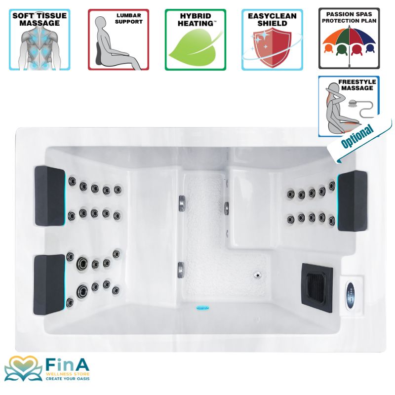 „Passion Spas Serene 5 Spa - Hot tub for five Persons with massage zones, back support, hybrid heating and optional freestyle massage hose, top view with function symbols"
