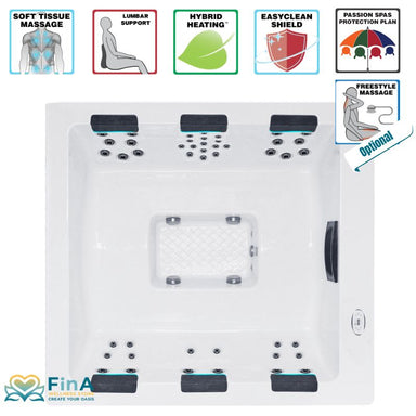 Passion Spas Serene 6 Whirlpool von oben mit hervorgehobenen Funktionen wie Soft Tissue Massage, Lendenwirbelstütze, Hybridheizung und EasyClean Shield – stilvoller Spa für bis zu sechs Personen