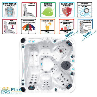  Draufsicht auf den Passion Spas Solace Whirlpool mit 5 ergonomischen Plätzen, Aqua Rolling Massage und LED-Elementen. Oben dargestellt: Funktionen wie Soft Tissue Massage, Hybrid Heating, EasyClean Shield, Synergy Reinigungssystem sowie optionale Entertainment- und Freestyle-Massage-Features.