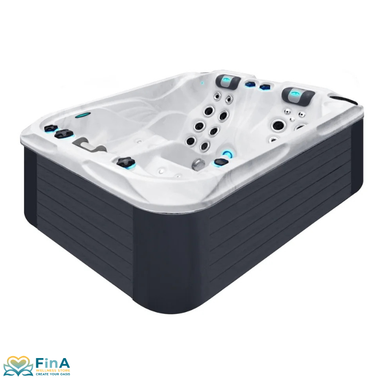 Seitenansicht des Passion Spas Soulmate Whirlpools mit zwei Liegen und LED-Elementen – modernes Design in grau-weißer Optik, ideal für kleine Wellnessflächen