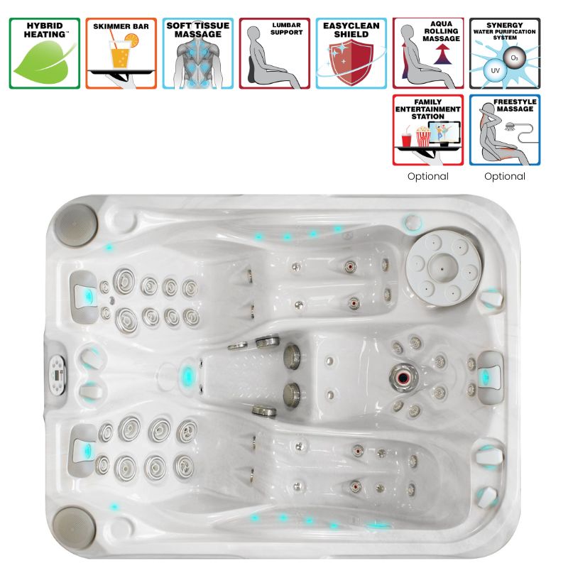  Top-Ansicht des Soulmate Whirlpools mit Symbolen für Aqua Rolling Massage, Hybrid Heating™, Skimmer Bar und EasyClean Shield – kompaktes Spa für Paare