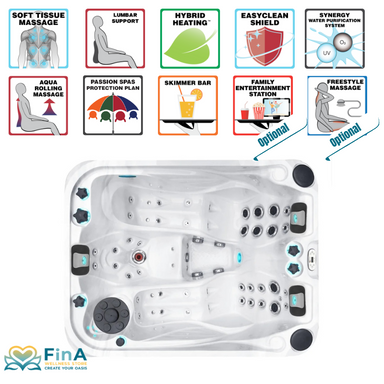  Top-Ansicht des Soulmate Whirlpools mit Symbolen für Aqua Rolling Massage, Hybrid Heating™, Skimmer Bar und EasyClean Shield – kompaktes Spa für Paare