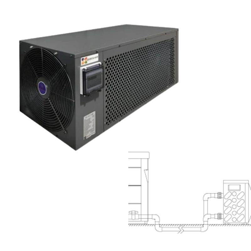 Passion Spa X-TREME GREEN Wärmepumpe mit großem Ventilator und perforiertem Gehäuse, inkl. technische Anschlusszeichnung der Rohrleitungen