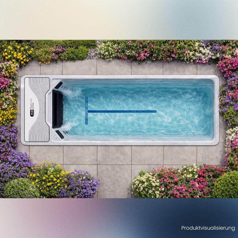 Moderner Mini Pool platinum-Spas-hades-Pro im Garten, Draufsicht mit klarem Wasser, eleganten Betonplatten und farbenfroher Blumenumgebung