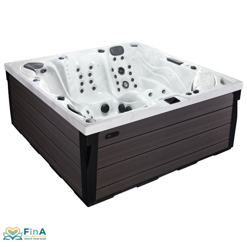 Onyx Whirlpool in Sterling Silver mit dunkelgrauer Außenverkleidung – luxuriöser Outdoor-Spa von Platinum Spas für 5 Personen