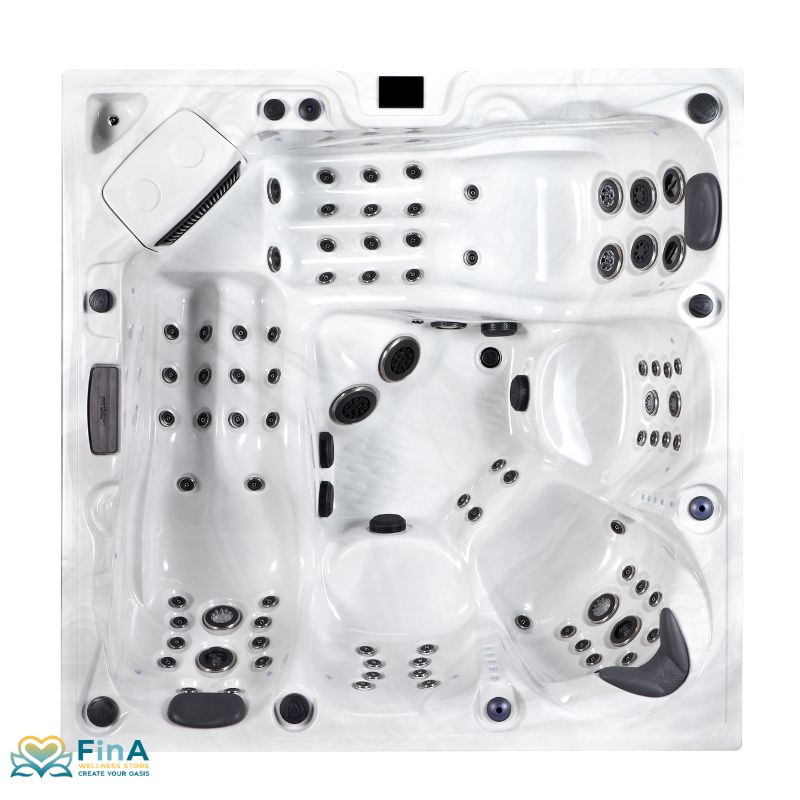 Onyx Premium Whirlpool von Platinum Spas – Draufsicht in Sterling Silver mit 90 Hydrojets, 2 Loungern und ergonomischer Sitzanordnung