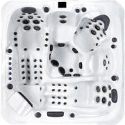 Platinum Spas Barcelona Whirlpool von oben, weiße Wanne mit schwarzen Düsen und ergonomischen Sitzplätzen für 5 Personen