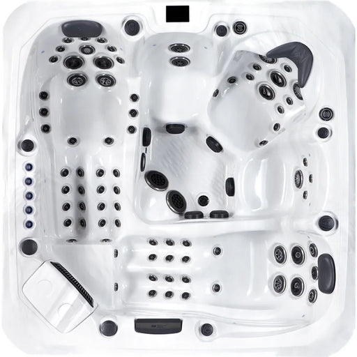 Platinum Spas Barcelona Whirlpool von oben, weiße Wanne mit schwarzen Düsen und ergonomischen Sitzplätzen für 5 Personen