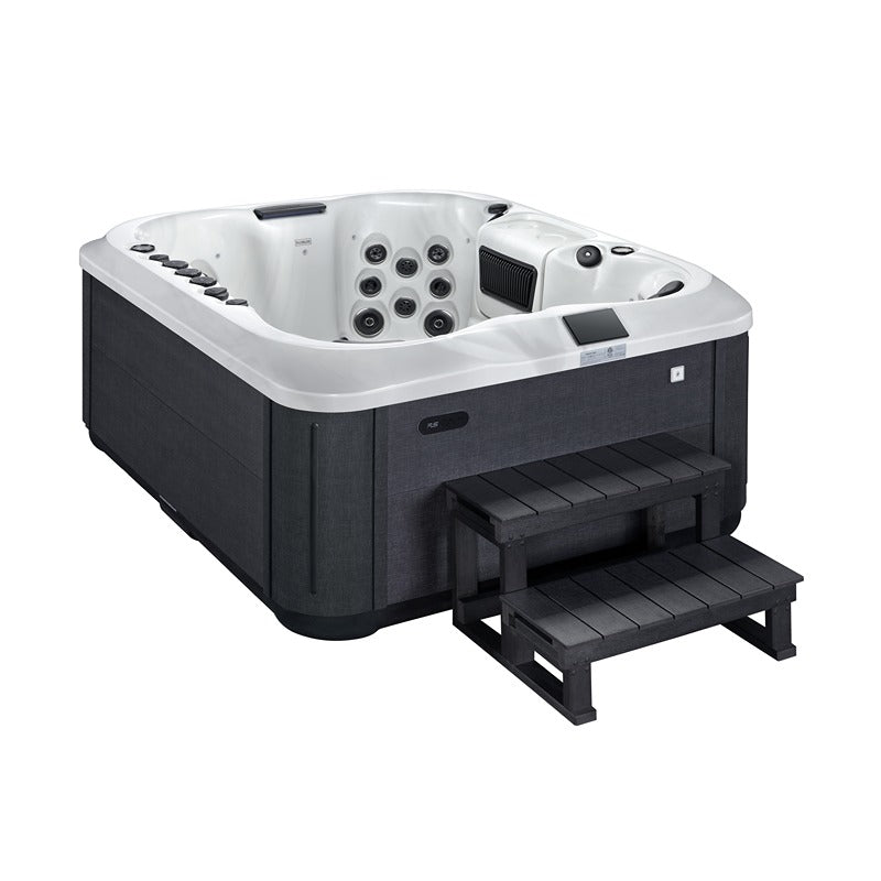Platinum Spas Capri Luxury Hot Tub mit Einstiegstreppe – kompakter Whirlpool mit grauer Verkleidung, weißem Innenbecken und intuitivem Bedienfeld