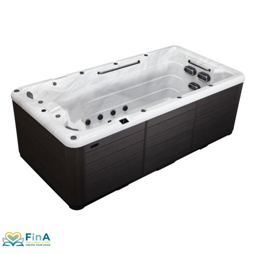Produktbild des Platinum Spas Eros Swim Spa – moderne Kombination aus weißer Acrylwanne und dunkler Holzverkleidung mit Swim- und Massagedüsen
