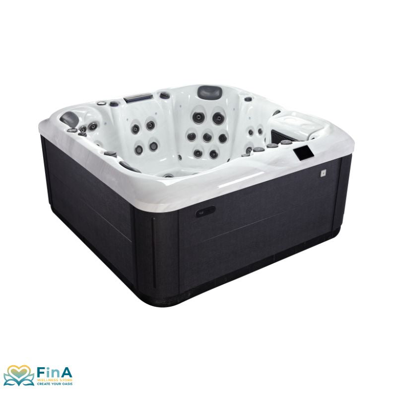 Platinum Spas Florence Outdoor Whirlpool mit weißem Innenbereich, schwarzem Außengehäuse und mehreren Massagedüsen für bis zu 6 Personen