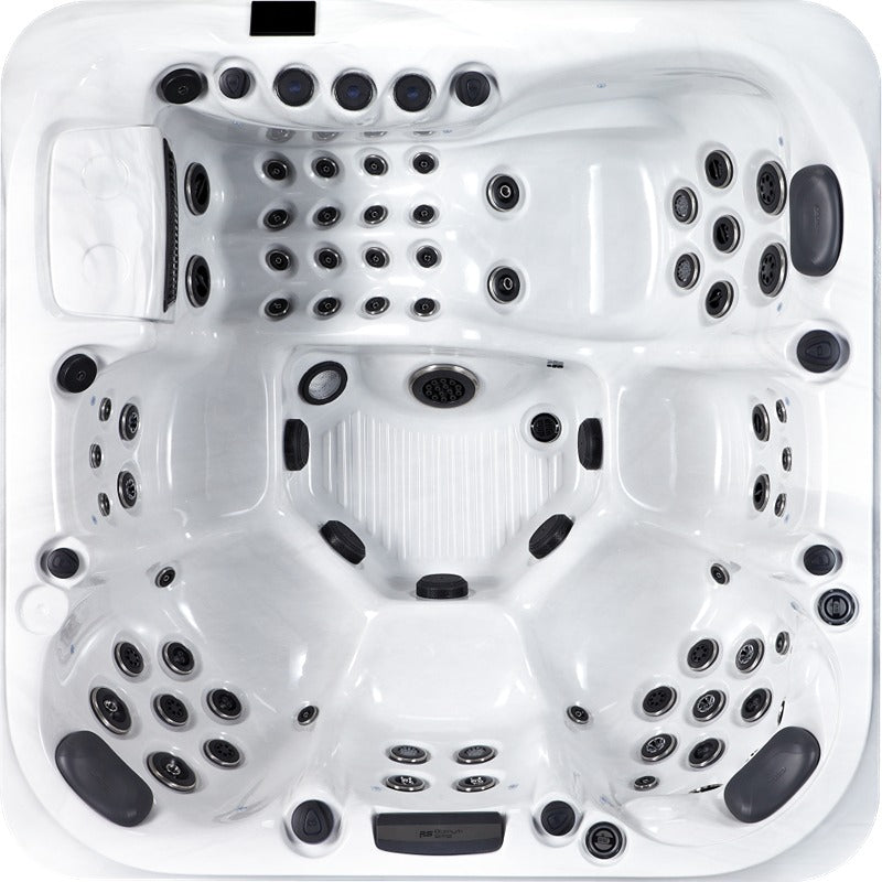 Draufsicht auf den Platinum Spas Florence Luxury Hot Tub mit 67 unterschiedlich großen Massagedüsen, ergonomischem Lounger und vielseitigen Sitzplätzen – stilvoller Spa-Komfort für bis zu 6 Personen.