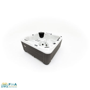 Whirlpool Platinum Spas Happy Deluxe mit 5 Sitzplätzen, moderner Umrandung und ergonomischen Loungern in der Außenansicht.