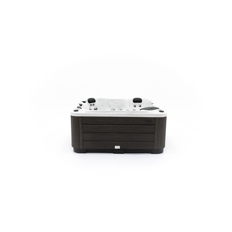 Whirlpool Platinum Spas Happy Deluxe – gerade Frontansicht mit dunklem Holzdekor und weißer Wanne