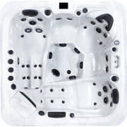  Draufsicht auf den Platinum Spas Kenya Hot Tub mit klarer Sitz- und Lounger-Anordnung, präzise platzierten Massagejets und strukturierter Bodenfläche – durchdachtes Design für ganzheitliche Entspannung.