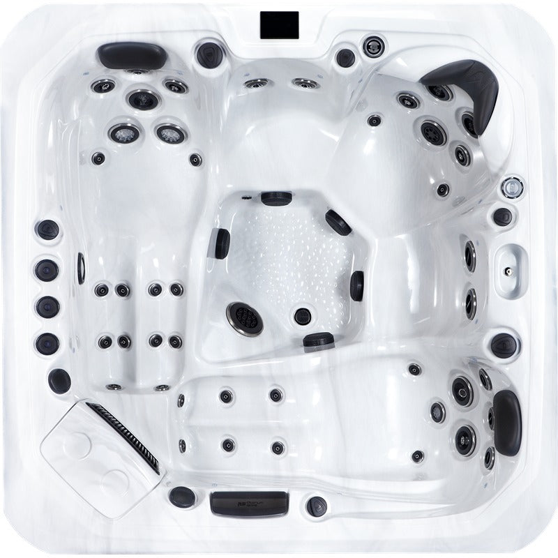  Draufsicht auf den Platinum Spas Kenya Hot Tub mit klarer Sitz- und Lounger-Anordnung, präzise platzierten Massagejets und strukturierter Bodenfläche – durchdachtes Design für ganzheitliche Entspannung.