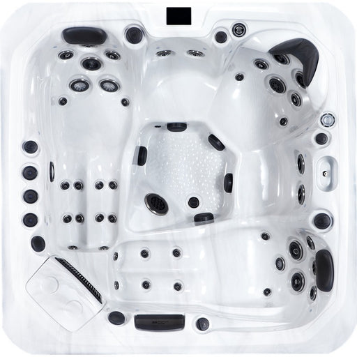  Draufsicht auf den Platinum Spas Kenya Hot Tub mit klarer Sitz- und Lounger-Anordnung, präzise platzierten Massagejets und strukturierter Bodenfläche – durchdachtes Design für ganzheitliche Entspannung.