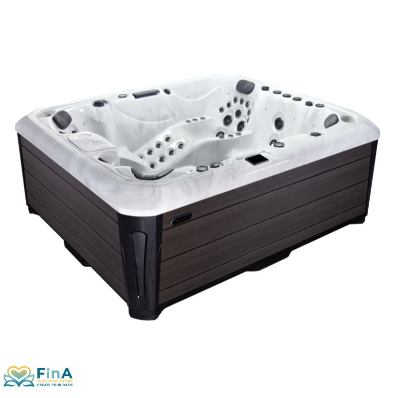 Platinum Spas Maximus Outdoor Whirlpool mit weißem Innenbereich, schwarzem Außenrahmen und zahlreichen Massagedüsen für 6 Personen