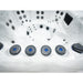 Detailaufnahme der fünf blauen Steuerdrehregler am Rand des Platinum Spas Oslo Hot Tubs – im Hintergrund kraftvolle Jet-Anordnung und strukturierter Bodenbereich.