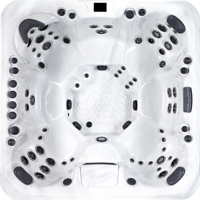 Draufsicht auf den Platinum Spas Oslo Hot Tub mit sieben Sitzplätzen und 64 präzise angeordneten Massagedüsen – großzügiger Innenraum für stilvolle Gruppenentspannung.