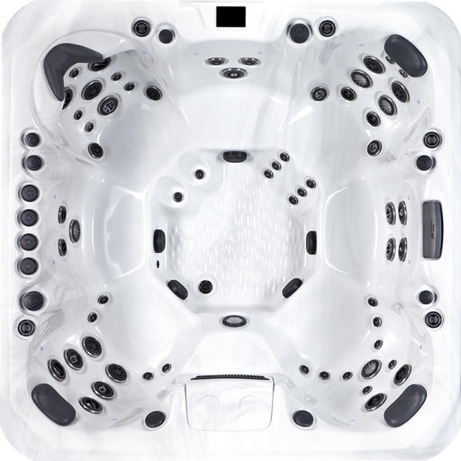 Draufsicht auf den Platinum Spas Oslo Hot Tub mit sieben Sitzplätzen und 64 präzise angeordneten Massagedüsen – großzügiger Innenraum für stilvolle Gruppenentspannung.