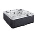 Seitenansicht des Platinum Spas Palermo Luxury Hot Tub mit weißer Acrylwanne und dunkler Außenverkleidung – elegantes Design für moderne Outdoor-Wellness.