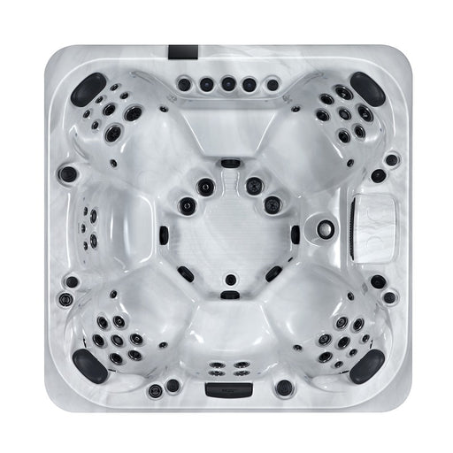 Draufsicht auf den Platinum Spas Palermo Luxury Hot Tub mit symmetrischem Layout, 61 Massagedüsen und ergonomischen Sitzplätzen für bis zu 6 Personen.