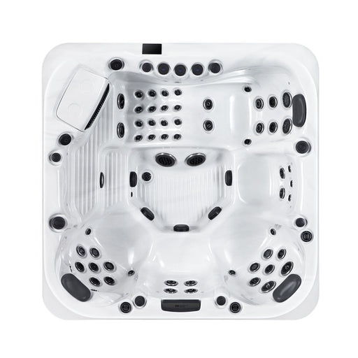 Draufsicht auf den Platinum Spas Positano Luxury Hot Tub mit 62 Düsen, ergonomischem Lounger und vielseitigen Sitzplätzen – luxuriöses Whirlpool-Layout für 6 Personen