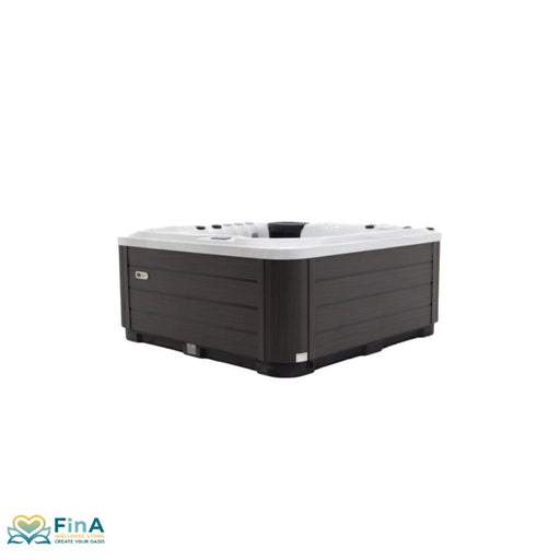 Platinum Spas Refresh Outdoor Whirlpool mit dunkelgrauer Holzoptik-Verkleidung und weißem Beckenrand, Draufsicht auf das quadratische Luxus-Spa für bis zu 6 Personen.