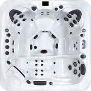 Draufsicht des Platinum Spas Santorini Whirlpools – mit ergonomischer Sitzanordnung, Liegefläche, zahlreichen Massagedüsen und strukturierter Bodenfläche