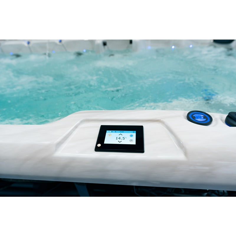 Detailed view of the active Balboa touchscreen in the Platinum Spas Titan Swim Spa - Digital temperature regulation and control of all spa functions directly at the pool edge