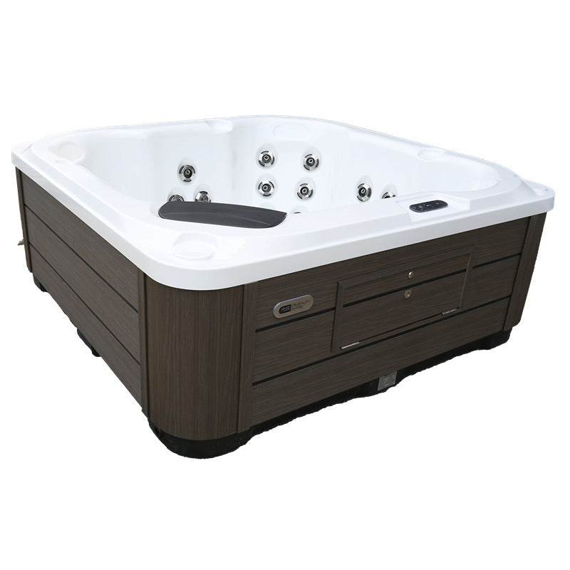 Linke Eckansicht des Platinum Spas Vacation Social mit ergonomischer Sitzanordnung und Massagedüsen