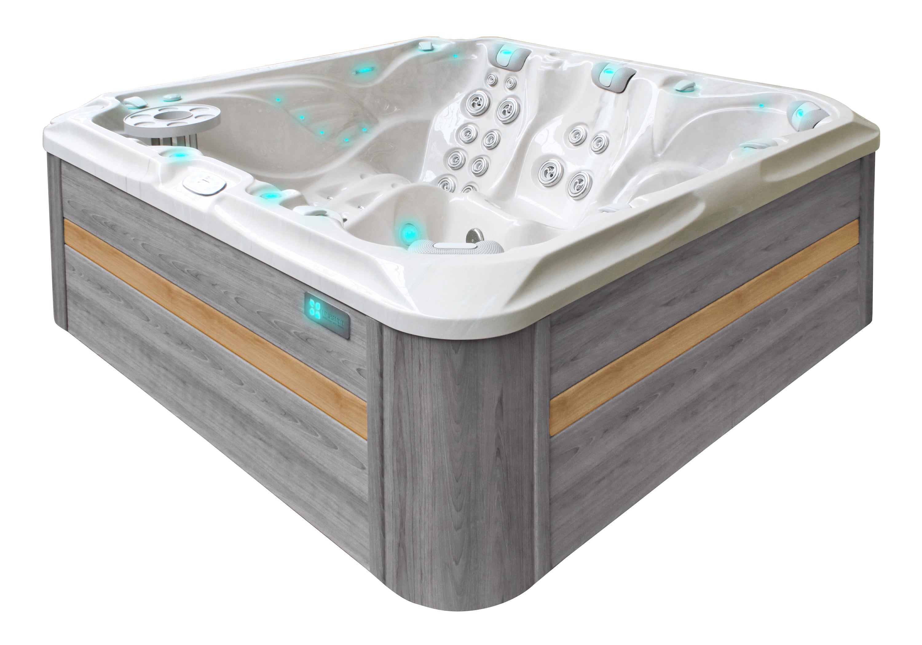 Polar Spas Admire Whirlpool mit grauer Holzverkleidung und stilvollen Farbakzenten